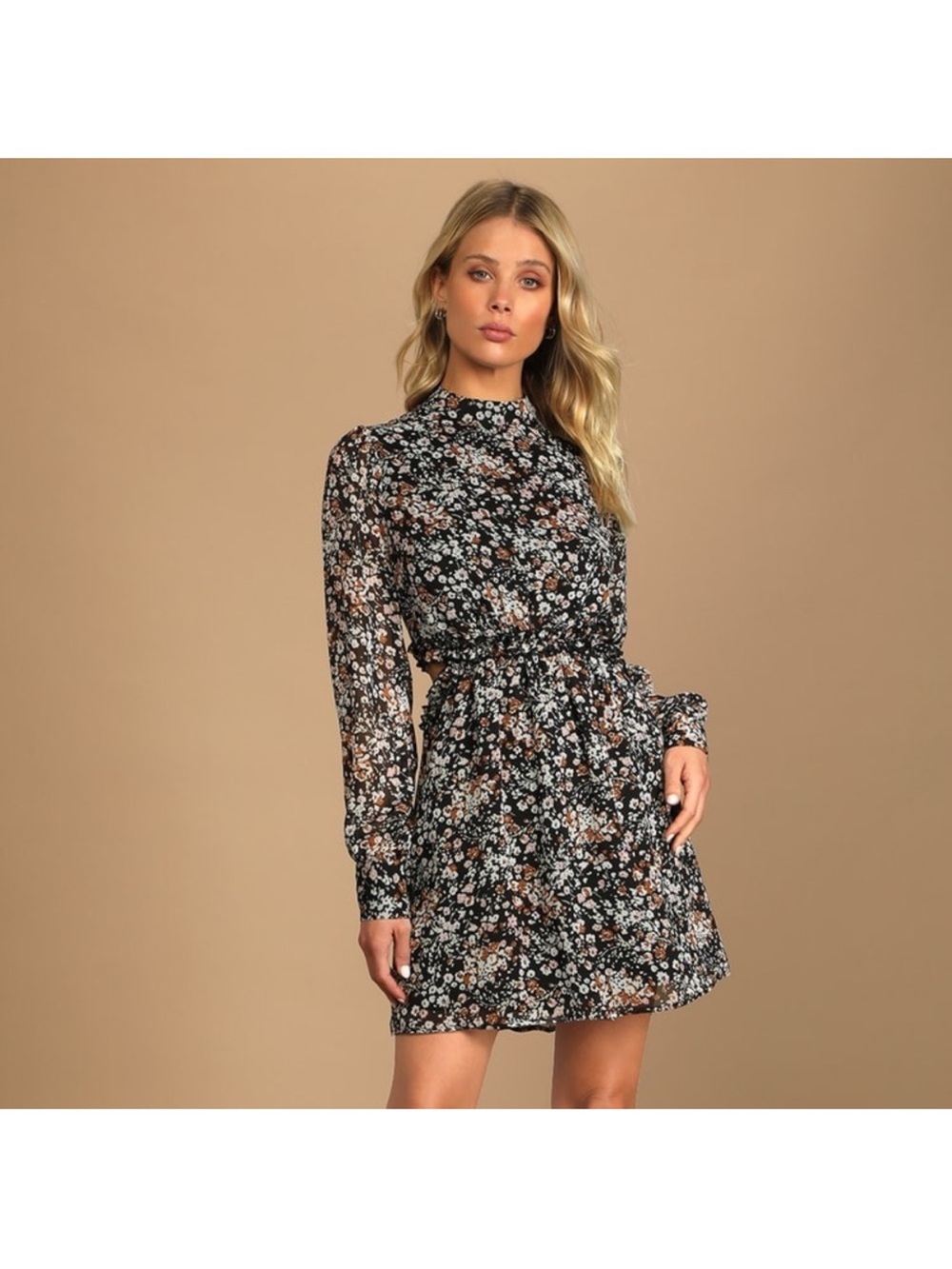 Floral Cutout Long-Sleeve Mini Dress - Black Floral